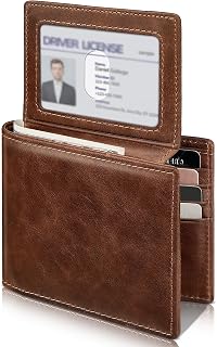 Artpaxy Mens Genuine Leather RFID Blocking Wallet 2 ID Window 11-12 Card Holder Gift Box, brown, Classic