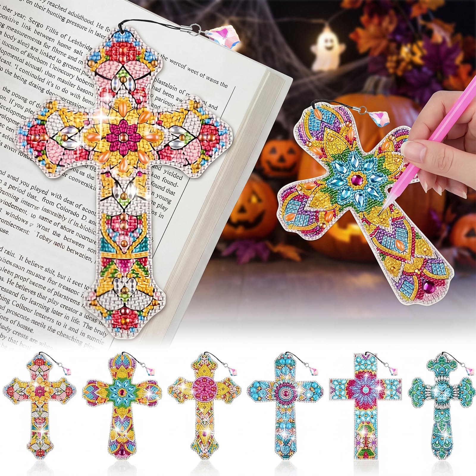Ireer 6 Pcs Cross 5d Diamond Art Bookmarks for Adult，DIY Painting Kit