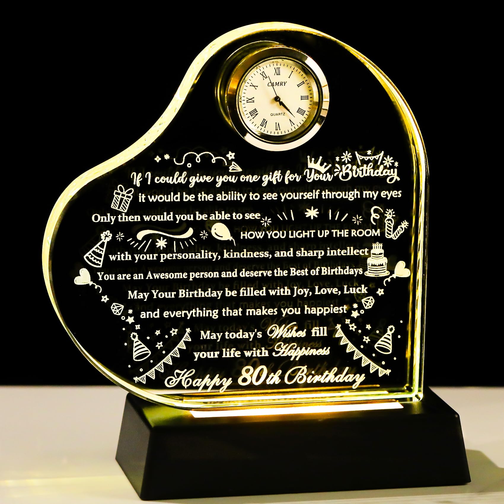YWHL 80th Birthday Gifts for Women Men with Colorful LED Base Crystal Heart Happ