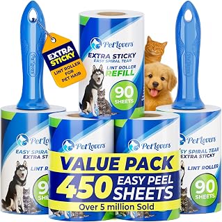 PetLovers Extra Sticky Lint Roller Mega Value Set 450 Sheets for Pet Hair Removal Dog and Cat Lint Remover 5 Pack