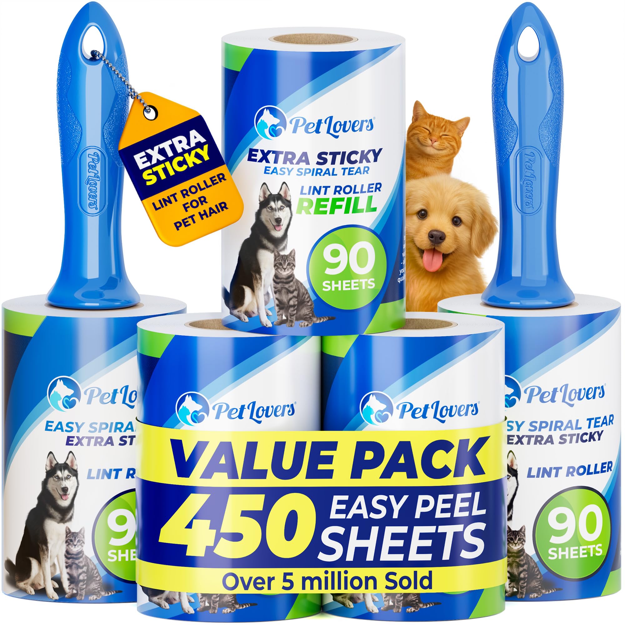 PetLovers Extra Sticky Lint Roller Mega Value Set 450 Sheets for Pet Hair Remova