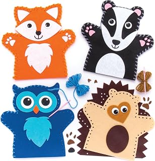 Baker Ross AR637 Woodland Animal Hand Puppet Sewing Kits - Pack of 4, Sewing Kits, Animal Puppets, Craft Projects, Hand Puppets