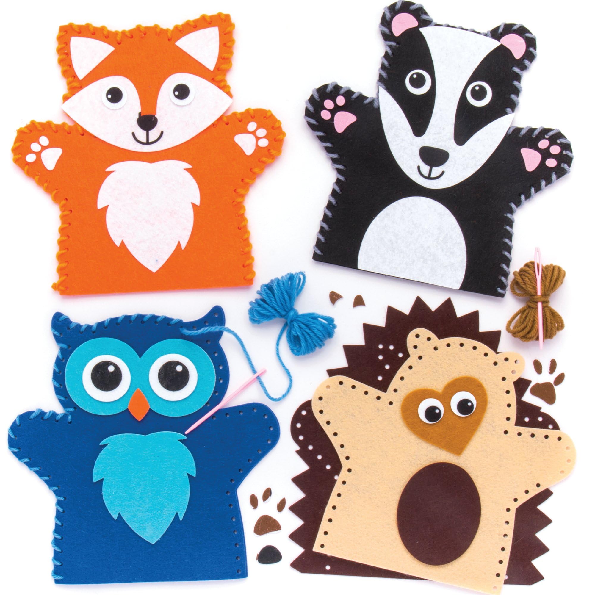 Baker Ross AR637 Woodland Animal Hand Puppet Sewing Kits - Pack of 4, Sewing Kit