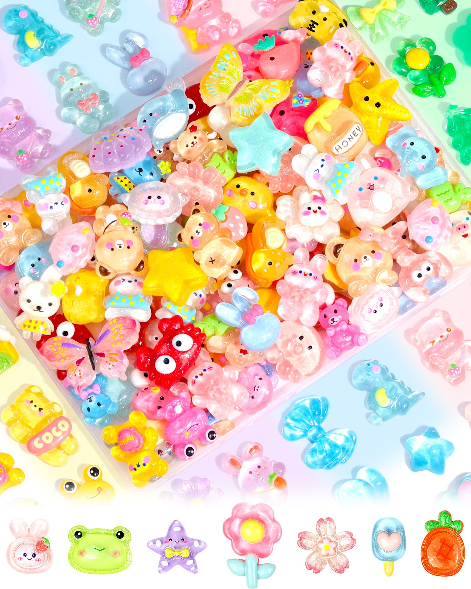 FIVEIZERO 100PCS Cute Slime Charms, Kawaii Flatback Resin Charms | 50+ Unique De