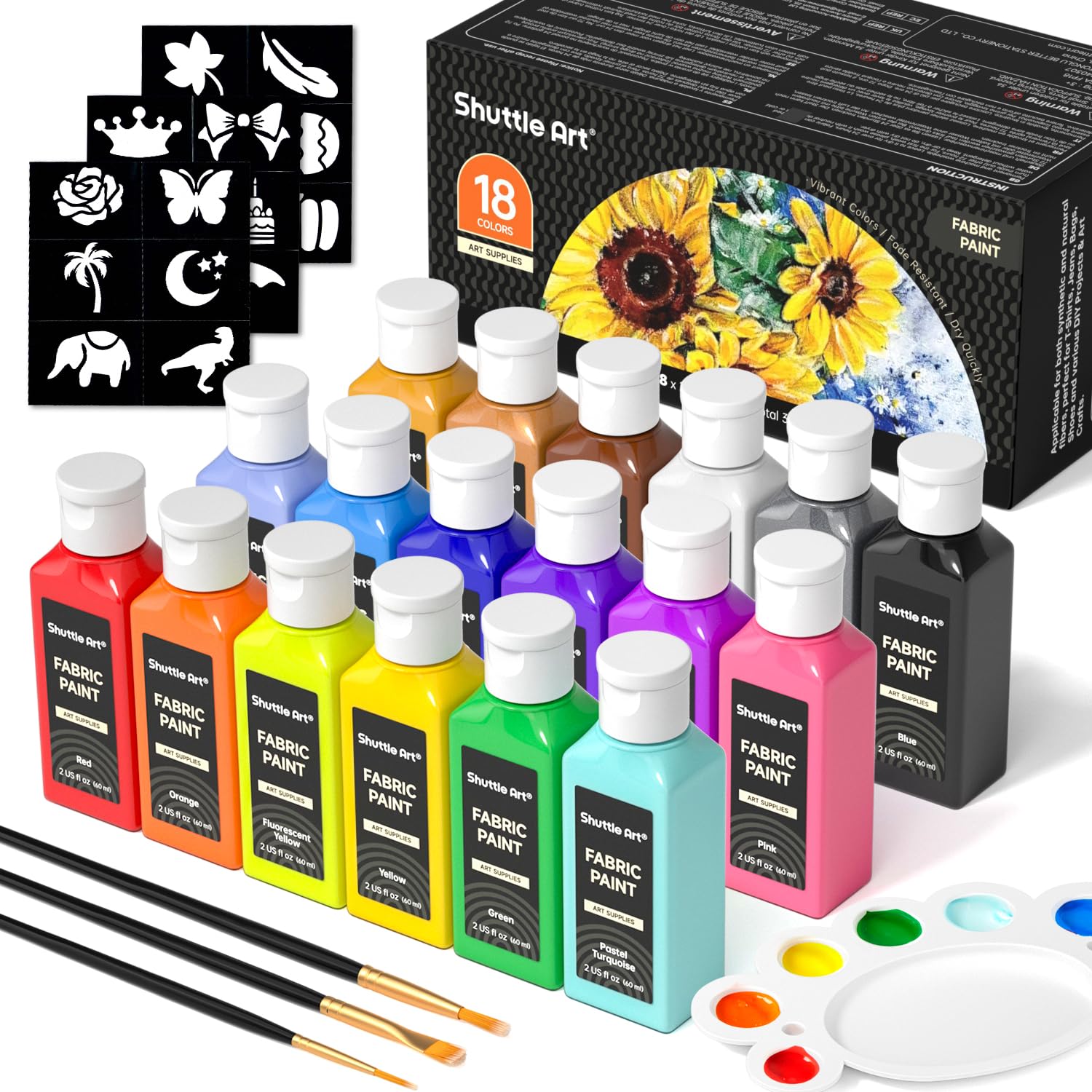 Shuttle Art Fabric Paint, 18 Colors Permanent Soft Fabric Paint in Bottles (60ml