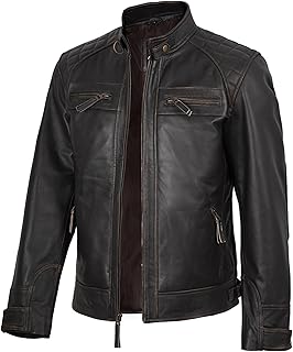 fjackets Mens Leather Jacket Moto Style Real Lambskin Leather Jacket, Quilted Cafe Racer Classic Zip Up Biker Jacket for Men