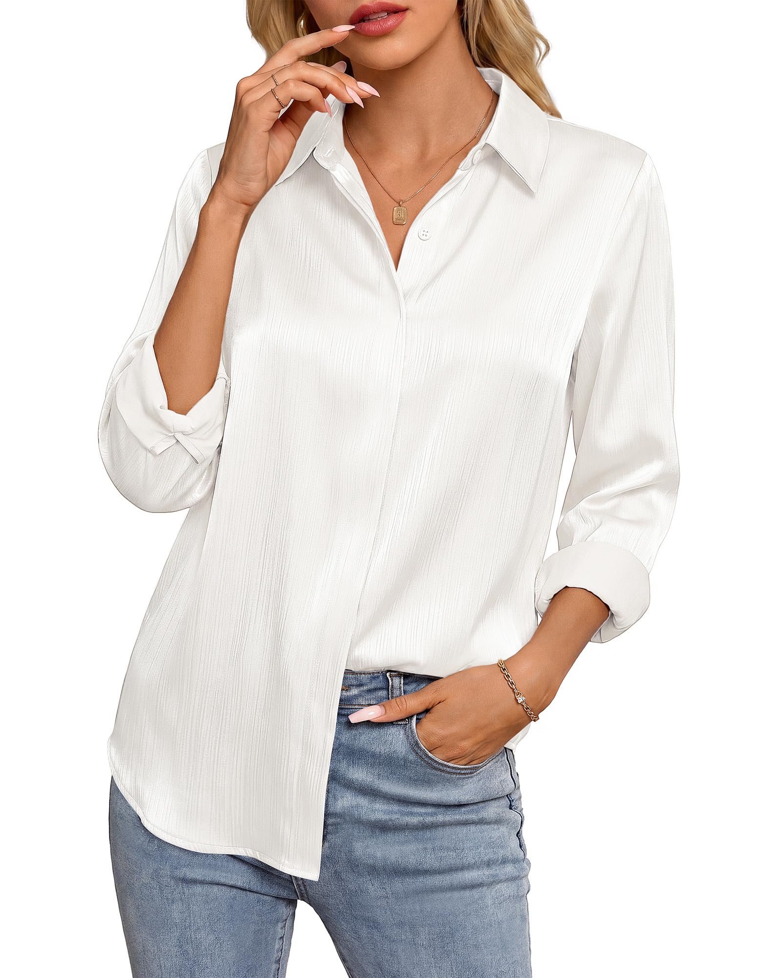 GRACE KARIN 2026 Womens Silky Satin Button Down Shirts Long Sleeve Work Blouses 
