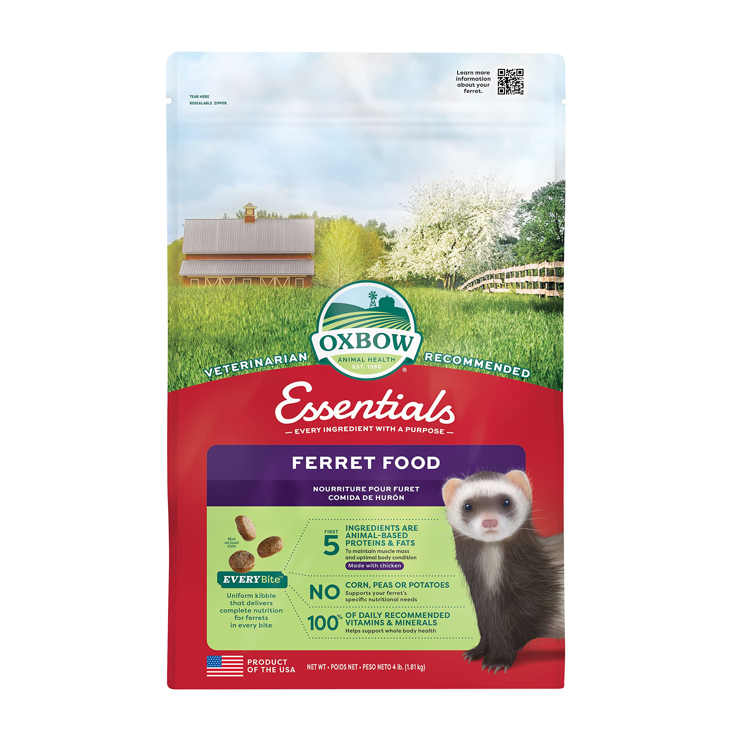 Oxbow Essentials Ferret Food, Rich in Animal-Based Protein & Fat, 4 lb | Ferret,