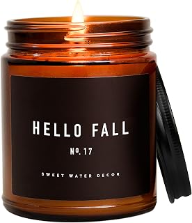 Sweet Water Decor Hello Fall Candle, 9oz Amber Jar, Fall & Thanksgiving | Cinnamon, Apple, Cloves & Nutmeg Scented Soy Wax Blend Candle, Autumn Fragrance, 40+ Hour Burn Time, Poured in the USA