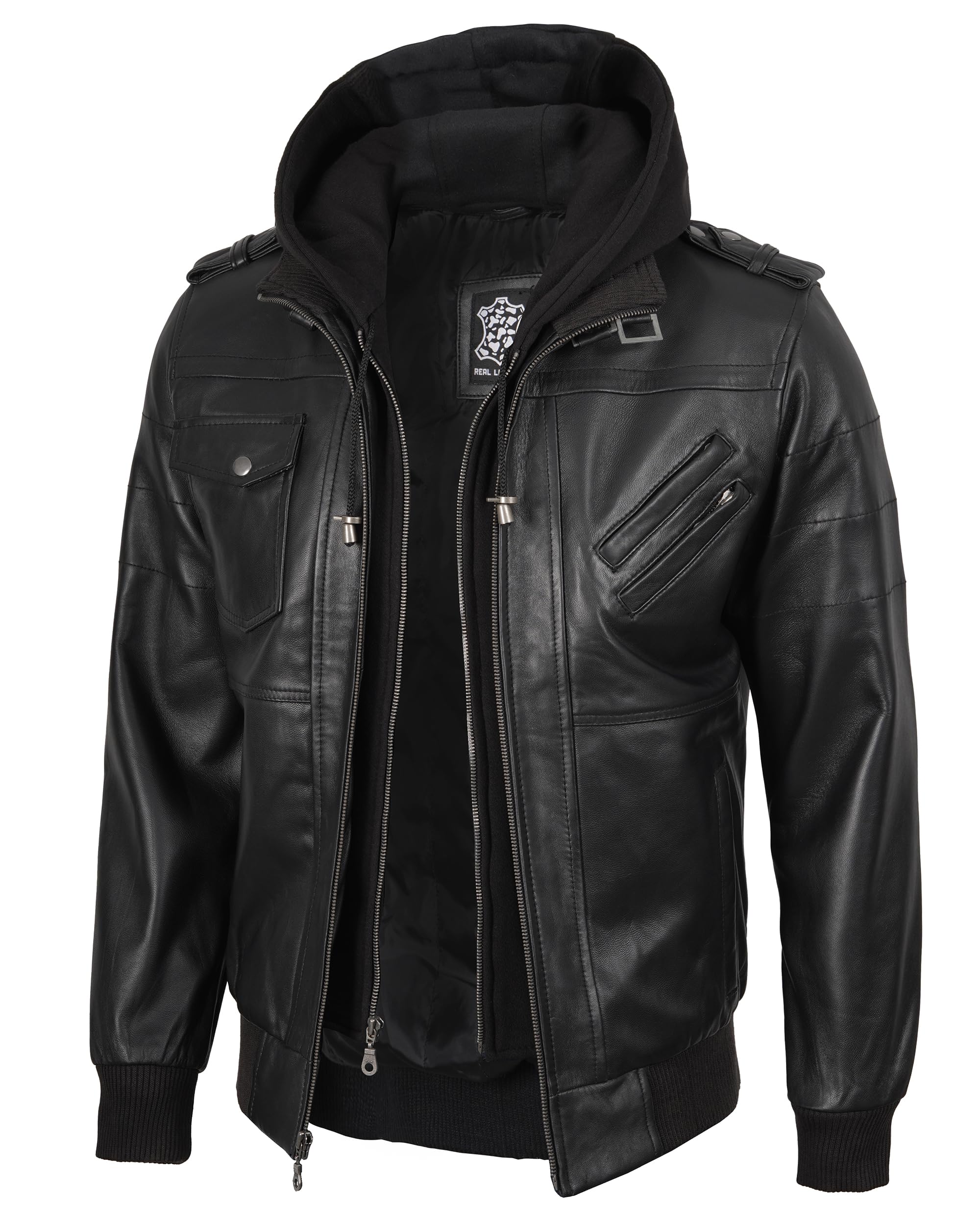 Decrum Detachable Hood Real Lambskin Leather Bomber Jacket Men