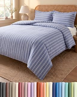 Duvet Cover Cal King Size - 3 Piece Set with Zipper Closure - Blue Stripes