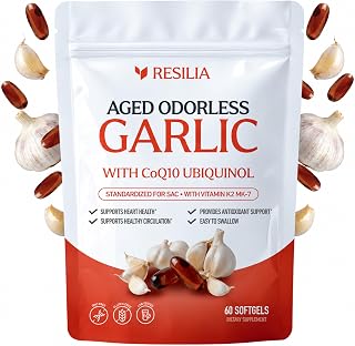 Resilia Odorless Aged Garlic Softgels (60 Count) | 600mg Aged Garlic Per Serving | With CoQ10 Ubiquinol & Vitamin K2 (MK-7) | Dietary Supplement
