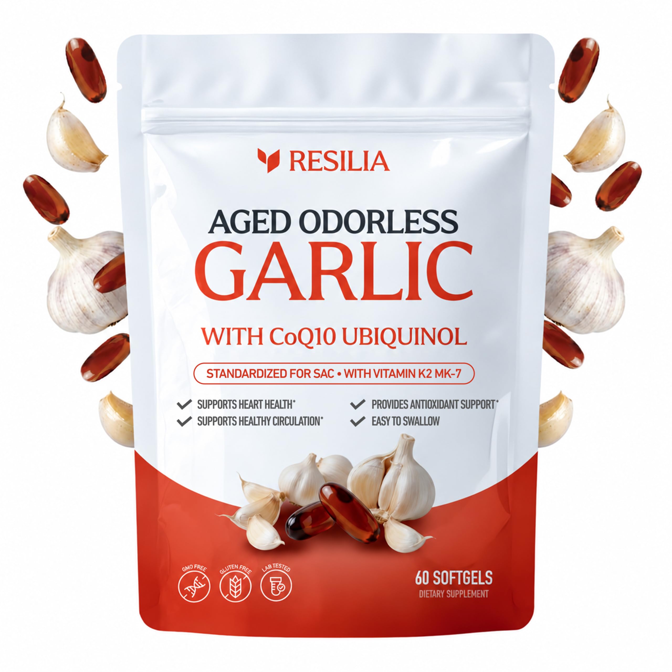 Resilia Odorless Aged Garlic Softgels (60 Count) | 600mg Aged Garlic Per Serving