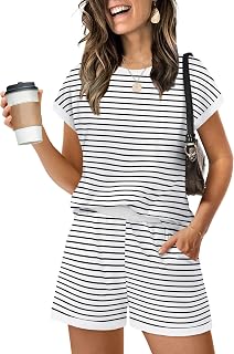 WIHOLL Two Piece Sets for Women Summer Lounge Short Sets Cap Sleeve Crew Neck Sweatsuit with Pocket XS-2XL