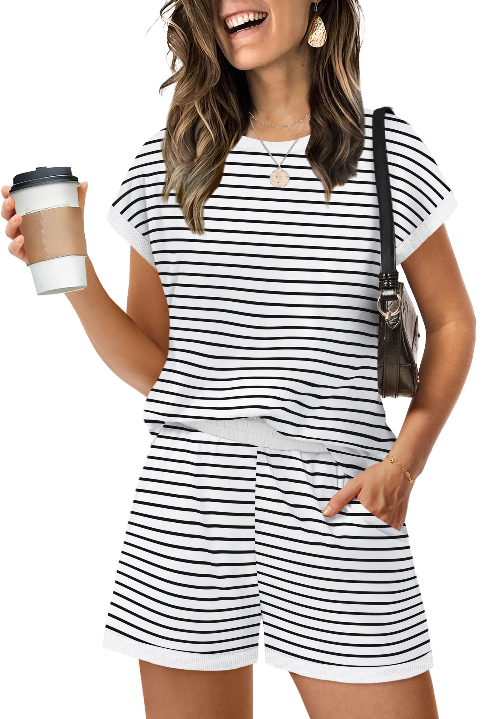 WIHOLL Two Piece Sets for Women Summer Lounge Short Sets Cap Sleeve Crew Neck Sw
