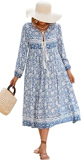 R.Vivimos Women's Long Sleeve Floral Print Retro V Neck Tassel Bohemian Midi Dresses