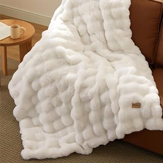 Bedsure Faux Fur Throw XL Blanket - Fluffy Soft Bubble Blanket for Couch, Faux Fur Decor for Home Bedroom Living Room, Thick Furry Cozy Gifts for Women, Cream White, 50x70 Inch
