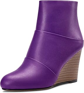 HDEUOLM Women's High Wedge Esparto Heel Closed Toe Round Toe Ankle Boots 8.5 CM Heels Slip-on Zipper Cute Shoes