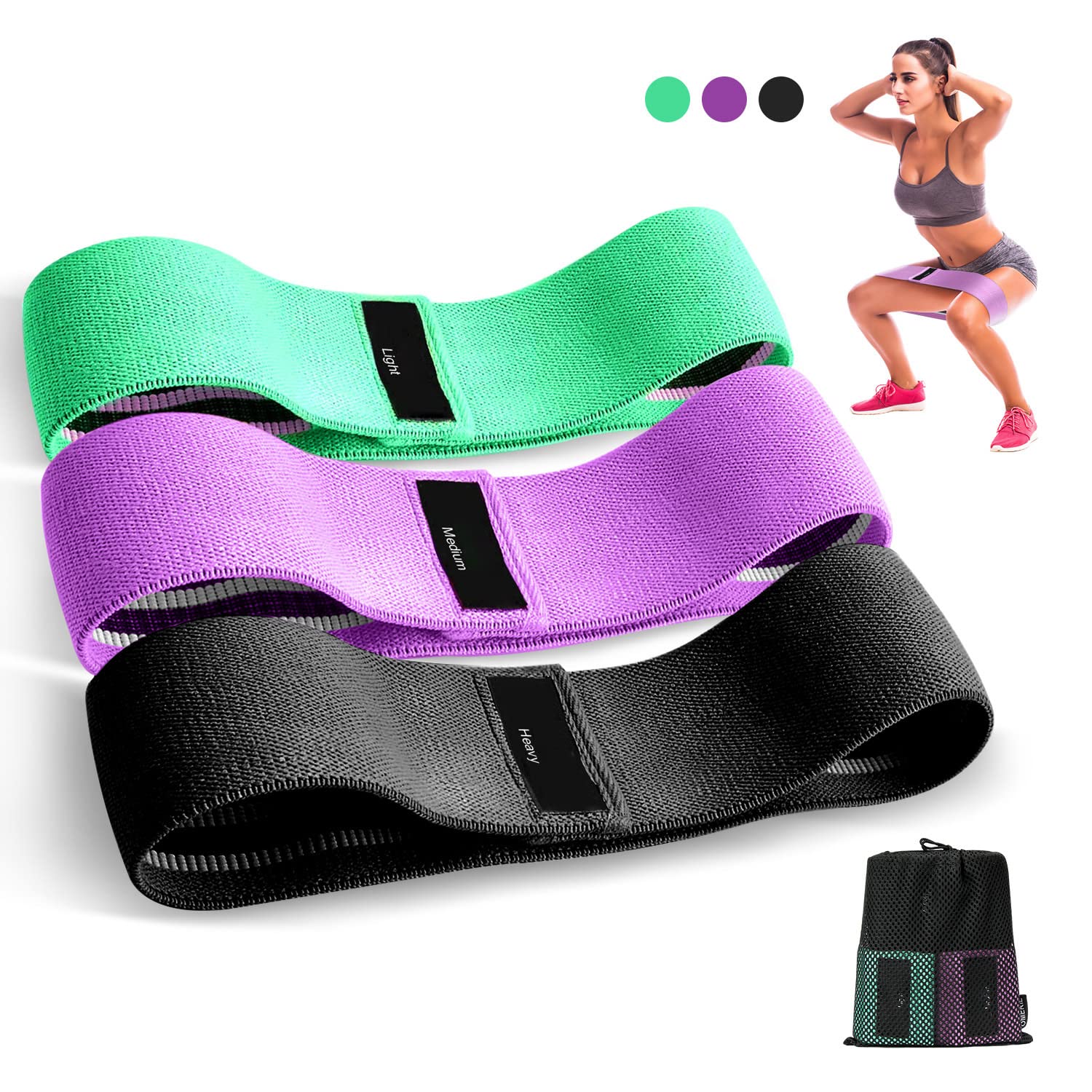 Elastic Fitness Bands, Fabric Fitness Bands with 3 Resistance Levels, Non-Slip F