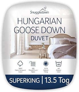 Snuggledown Hungarian Goose Down Super King Duvet 13.5 Tog - Warm & Cosy Winter Quilt with Ethically Sourced 80:20 Blend | UK-Made, 300tc Cotton Cover, Box Stitch, Washable (260 × 220cm)