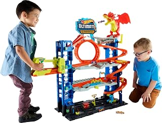 Hot Wheels City Ultimate Garage Track Set & 2 Die-Cast Toy Cars | 4-Level Garage with Car-Eating Dragon, Stores 50+ 1:64 Scale Vehicles & Includes 2
