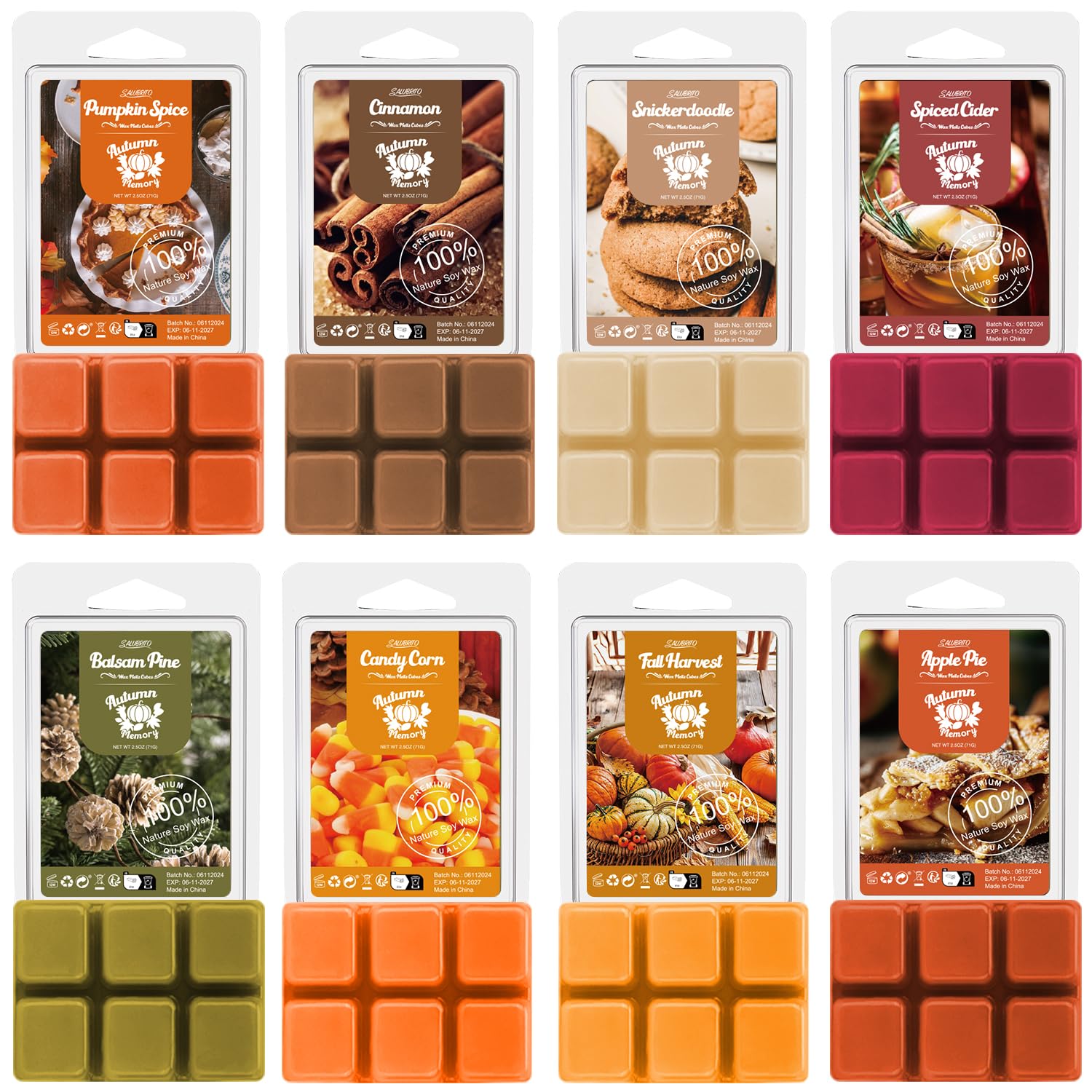 SALUBRITO Fall Scented Wax Melts, Strong Scented Autumn Soy Wax Cubes/Tarts Vari