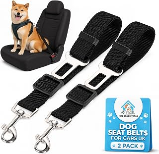 SOL 2pk Dog Seat Belts For Cars UK Adjustable 70cm Durable Nylon Tether - Dog Car Seat Belt Travel Restraint - 2pk