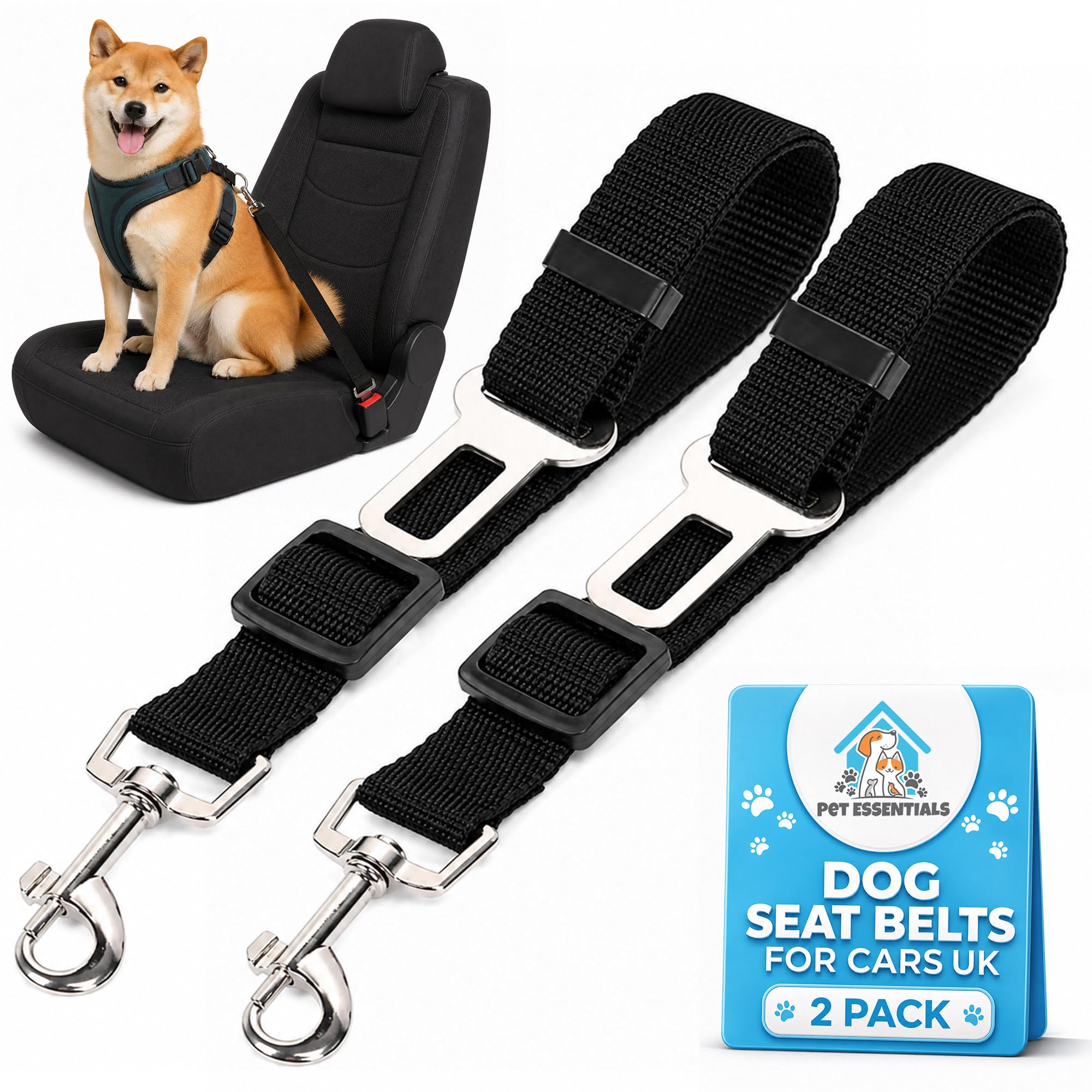 SOL 2pk Dog Seat Belts For Cars UK Adjustable 70cm Durable Nylon Tether - Dog Ca