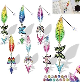 6 Pieces 5D Acrylic Diamond Painting Bookmarks with Diamond Feather with Painting Kits for Beginners Adults Book Lovers Birthday Graduation Halloween Christmas Gift