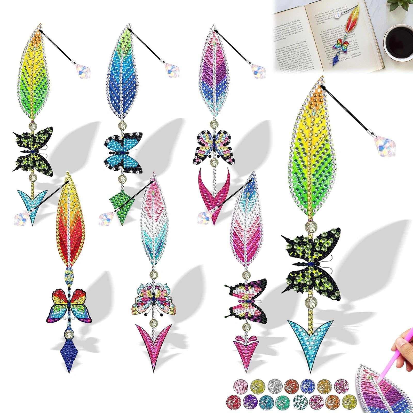 6 Pieces 5D Acrylic Diamond Painting Bookmarks with Diamond Feather with Paintin