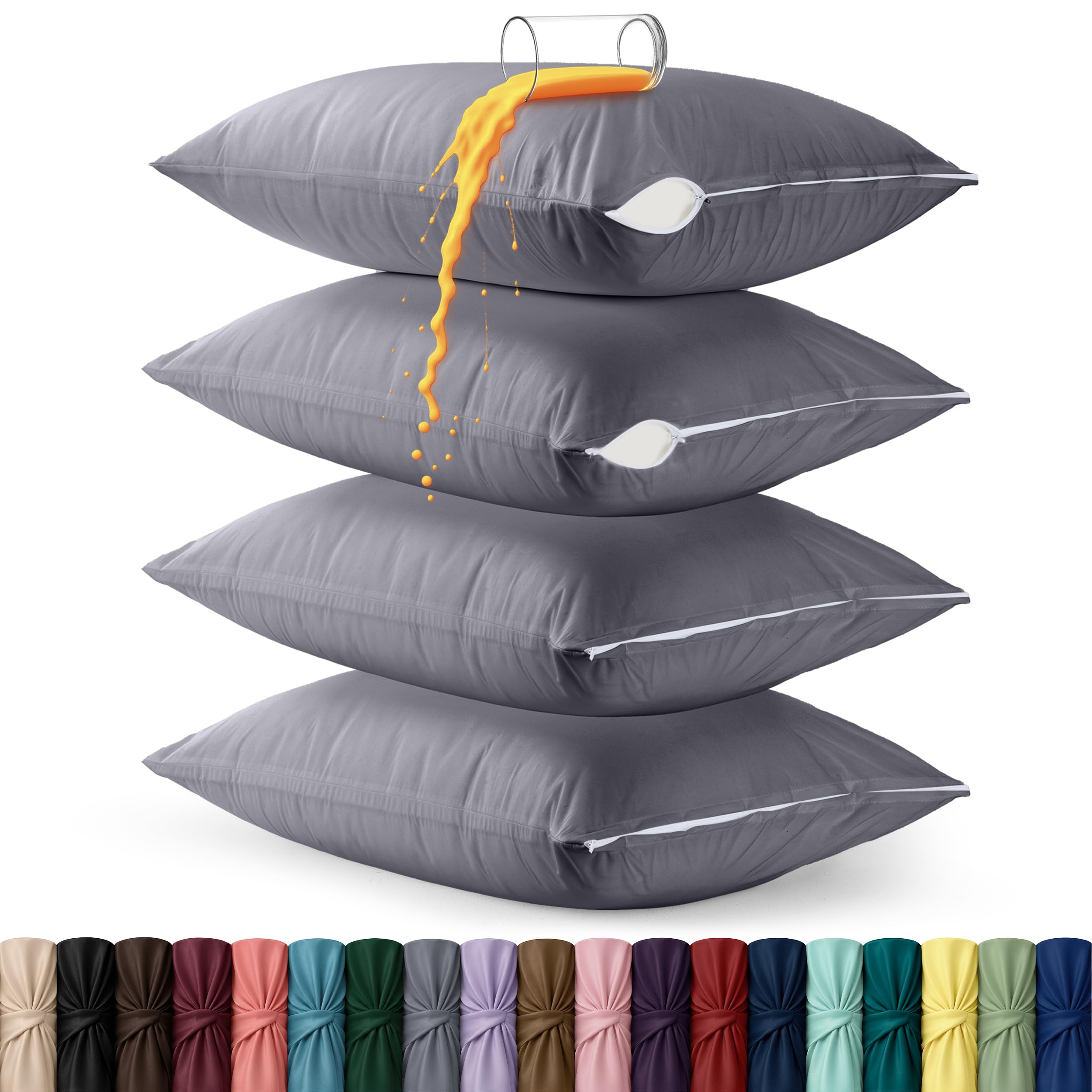 Set of 4 Pillow Protectors with Zipper Queen Size, Pillow Covers