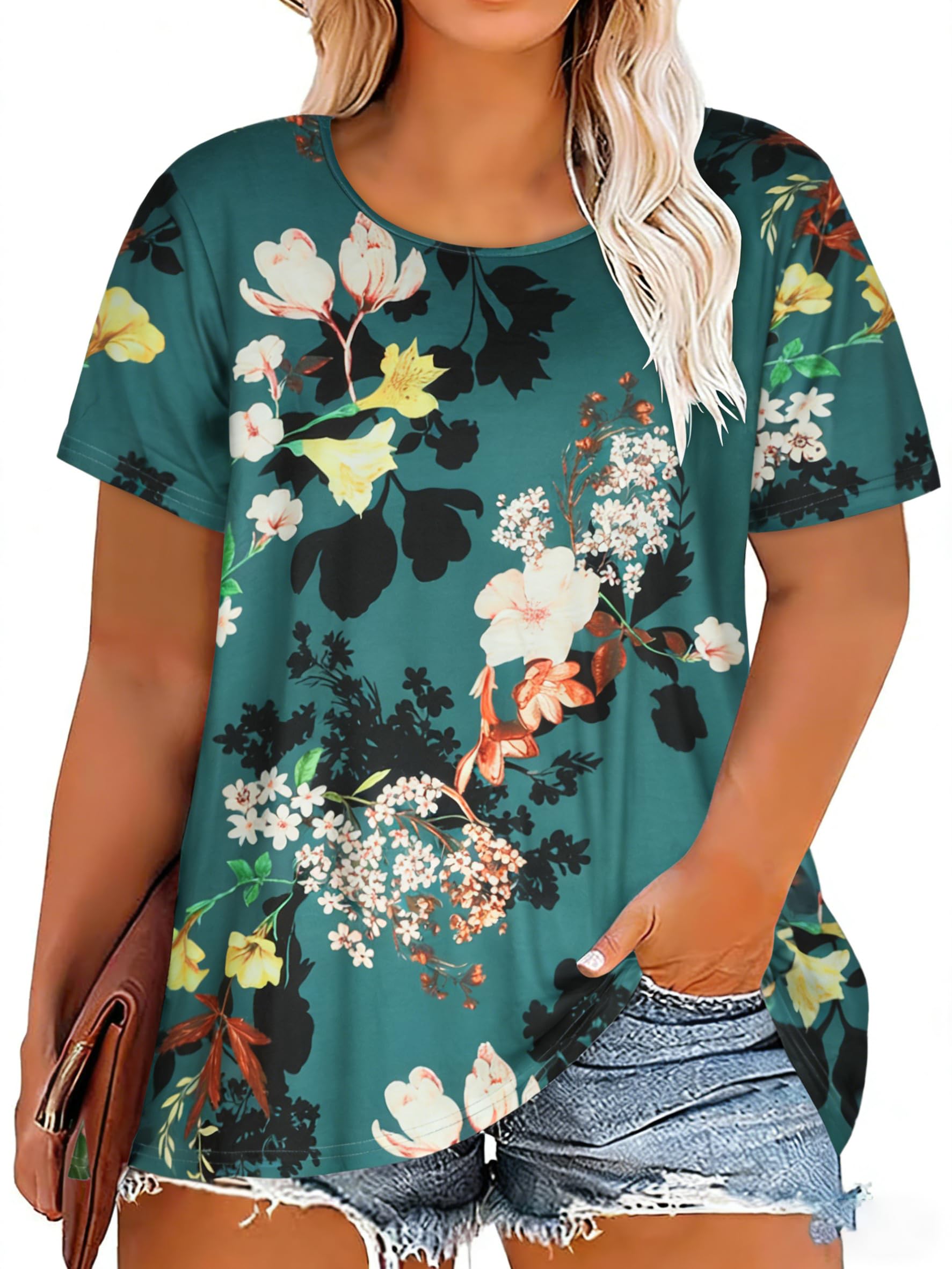 Plus Size Tops for Women Floral Short Sleeves T Shirts Flowy Tunic Blouses