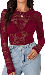 LYANER Sexy Women Mesh Floral Long Sleeve Sheer Lace Blouse