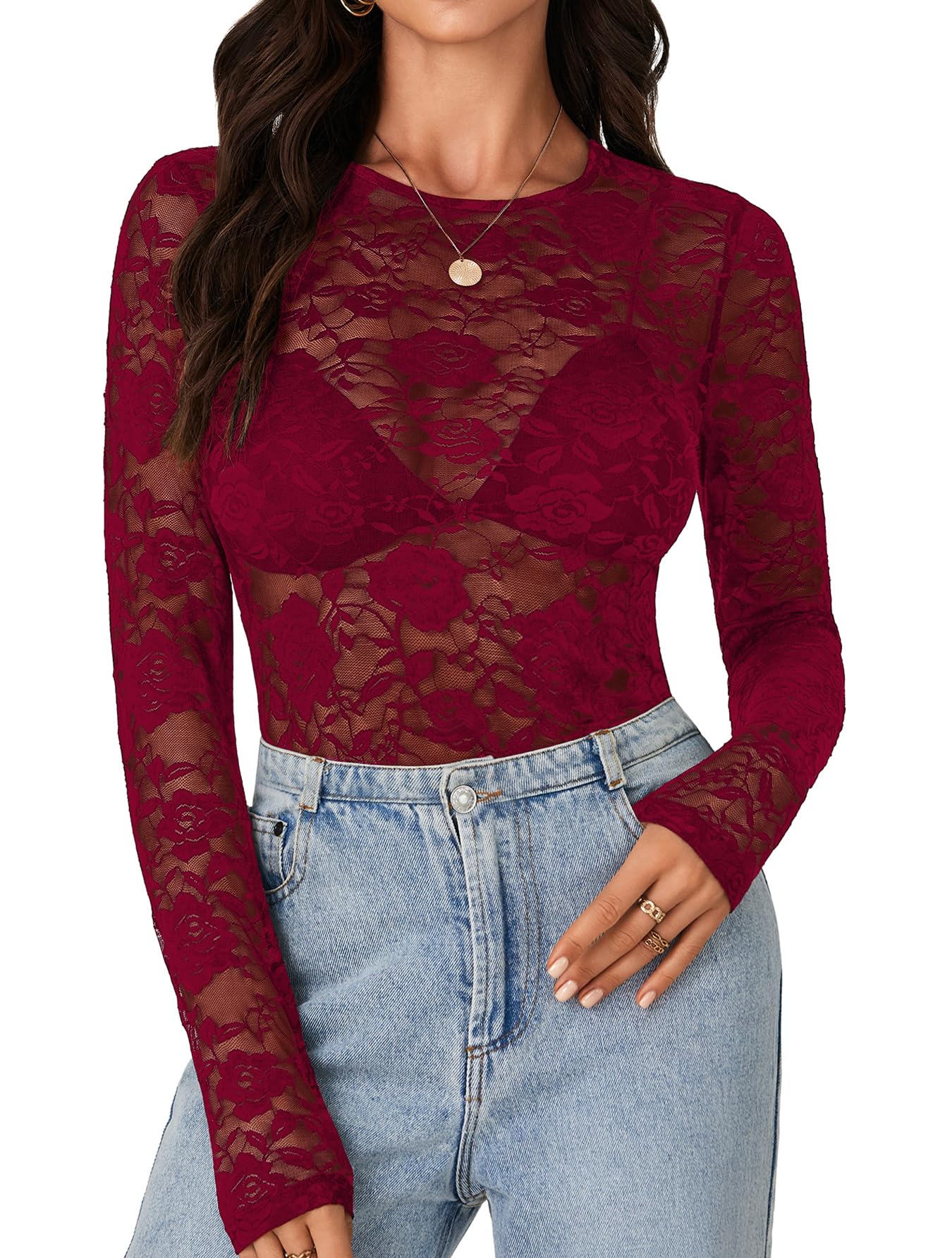 LYANER Sexy Women Mesh Floral Long Sleeve Sheer Lace Blouse