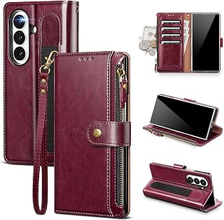 Compatible with Samsung Galaxy Z Fold 6 5G Wallet Case with S Pen Holder RFID Blocking Zipper PU Leather Case Flip Cover with Wrist Strap Credit Card Holder Slots Men Women,Wine Red