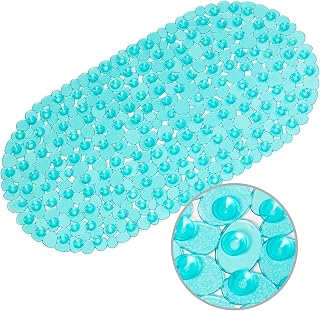 WELTRXE Bath Mats Non Slip Shower Mat, Anti-Mould Anti Slip Bathtub Mat Frosted Pebble PVC Oval Bathroom Mat with Grip Suction Cups & Drain Holes, Machine Washable, Aqua, 69 x 36 cm
