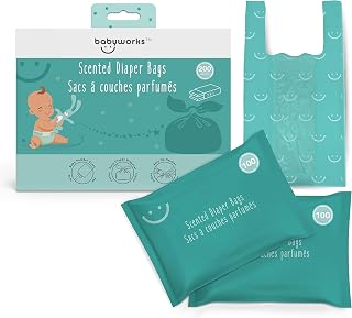 Baby Works Disposable Diaper Bags, 200 Count | Diaper Disposal or Pet Waste Bags with Baby Powder Scent, Odor Neutralizing, Easy Tie Handles, Perfect for Travel or at Home