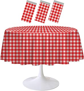 Confezione da 3 tovaglie rotonde a quadretti rossi e bianchi, 213 x 213 cm, in plastica, usa e getta, per picnic, feste, compleanni, matrimoni, baby shower, tovaglia circolare