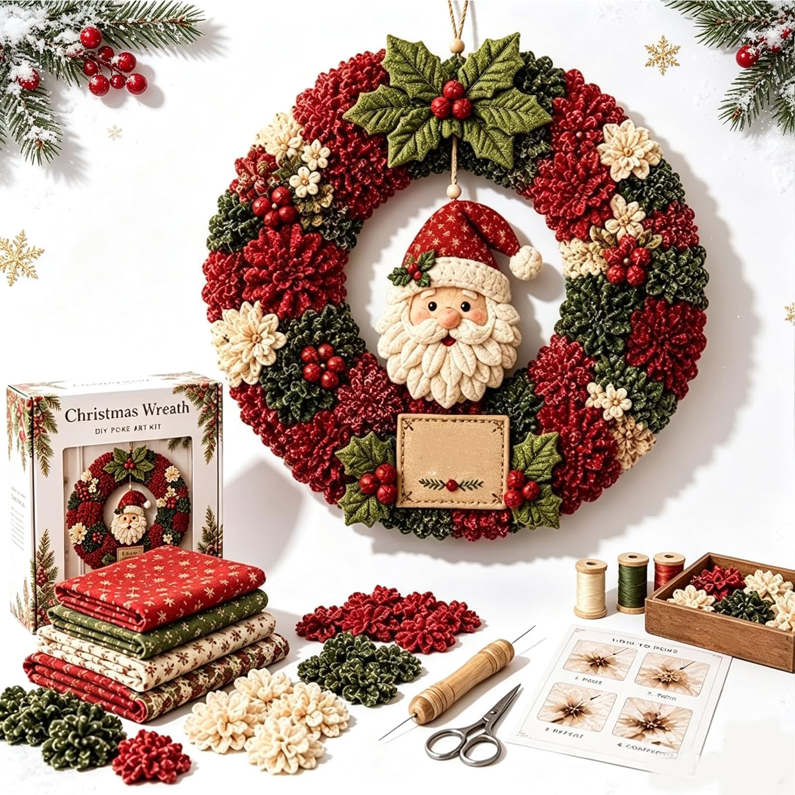 3D Fabric Poke Wreath DIY Kit, Christmas Fabric Poke Art Kit for Adults, A | Pre