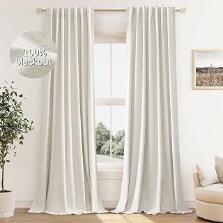 Guken Cream Linen Blackout Curtains 84 Inch Drop Set of 2 Panels for Living Room Bedroom Tab Back Thermal Insulated 100% Linen Blackout Curtains Color