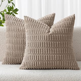 MIULEE 2 Pack Corduroy Decorative Pillow Covers 18 x 18 Inch, Soft Boho Striped Pillow Covers Modern Farmhouse Home Decor for Sofa Living Room Couch Bed Light Brown