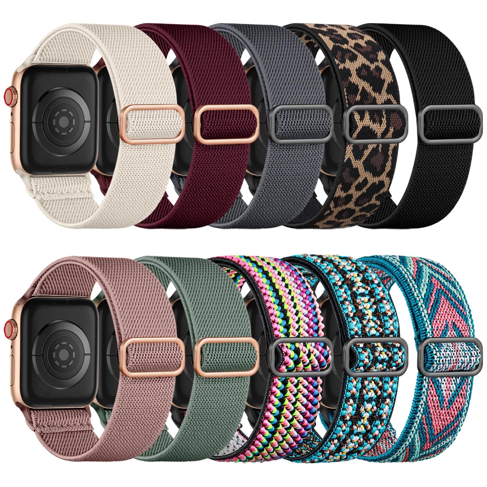 Maledan 10-Pack Stretchy Nylon Solo Loop for Apple Watch Bands Women Men | Soft 