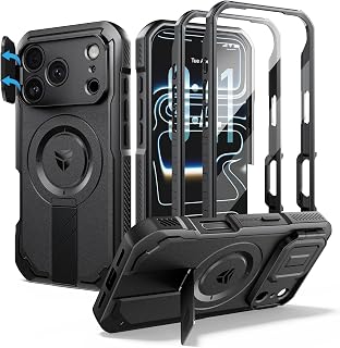 Dexnor Magnetic Cover for iPhone 18 Pro/17 Pro, with Camera Cover, Stand, Screen Protector and 2 Front Bezels, Rugged Shockproof Bumper Case - Black