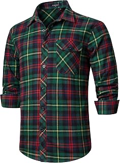 HISDERN Flannel Shirt Men's Checked Shirts Men's Long Sleeve Button Down Cotton Lumberjack Shirt Regular Fit Checked Shirt