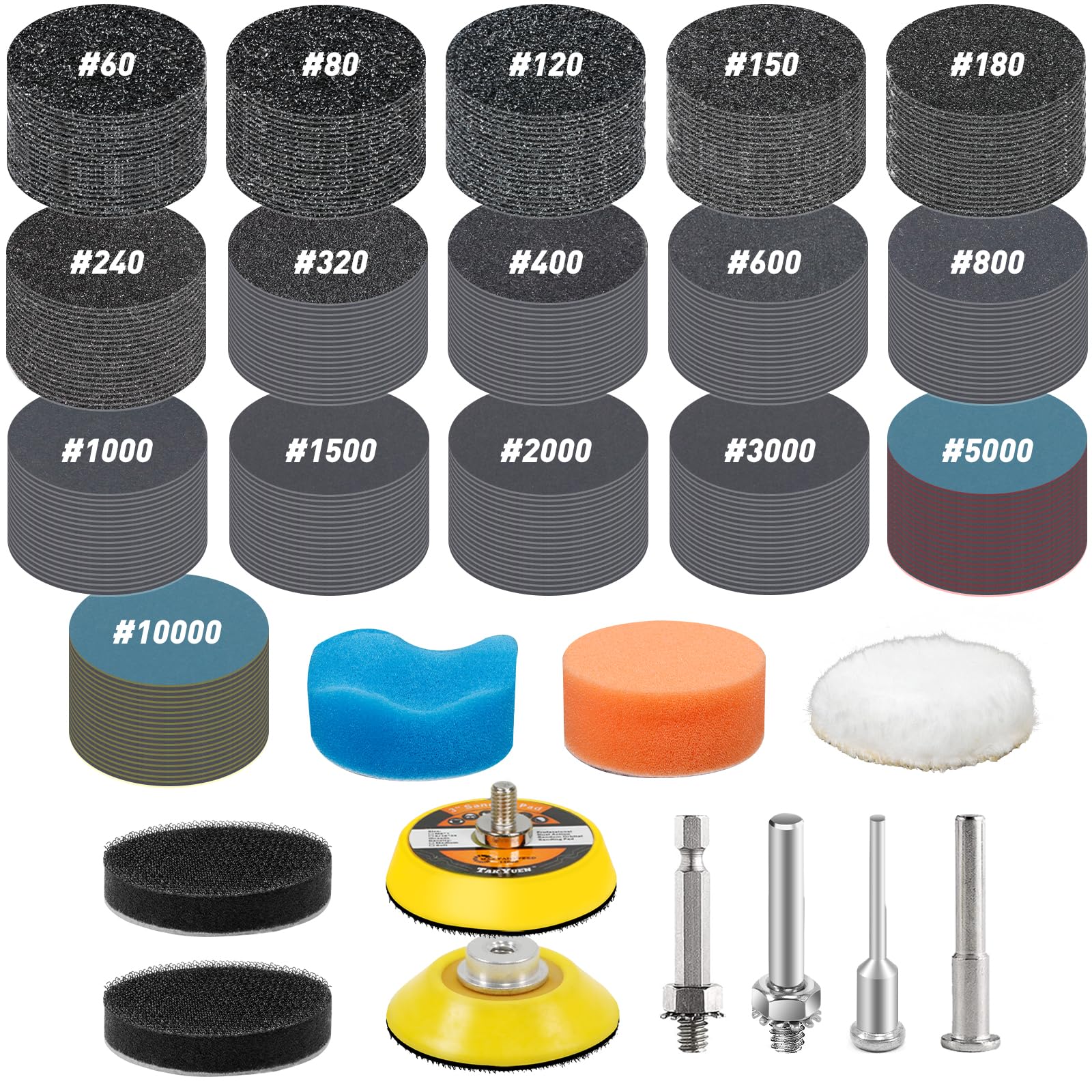 Pukamam 331pcs 50mm Wet Dry Hook and Loop Sanding Discs 60-10000 Grit Sandpaper 