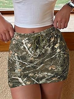 Women Mini Skirt Drawstring High Waist Graphic Print Elastic Waist Casual Short Skirts