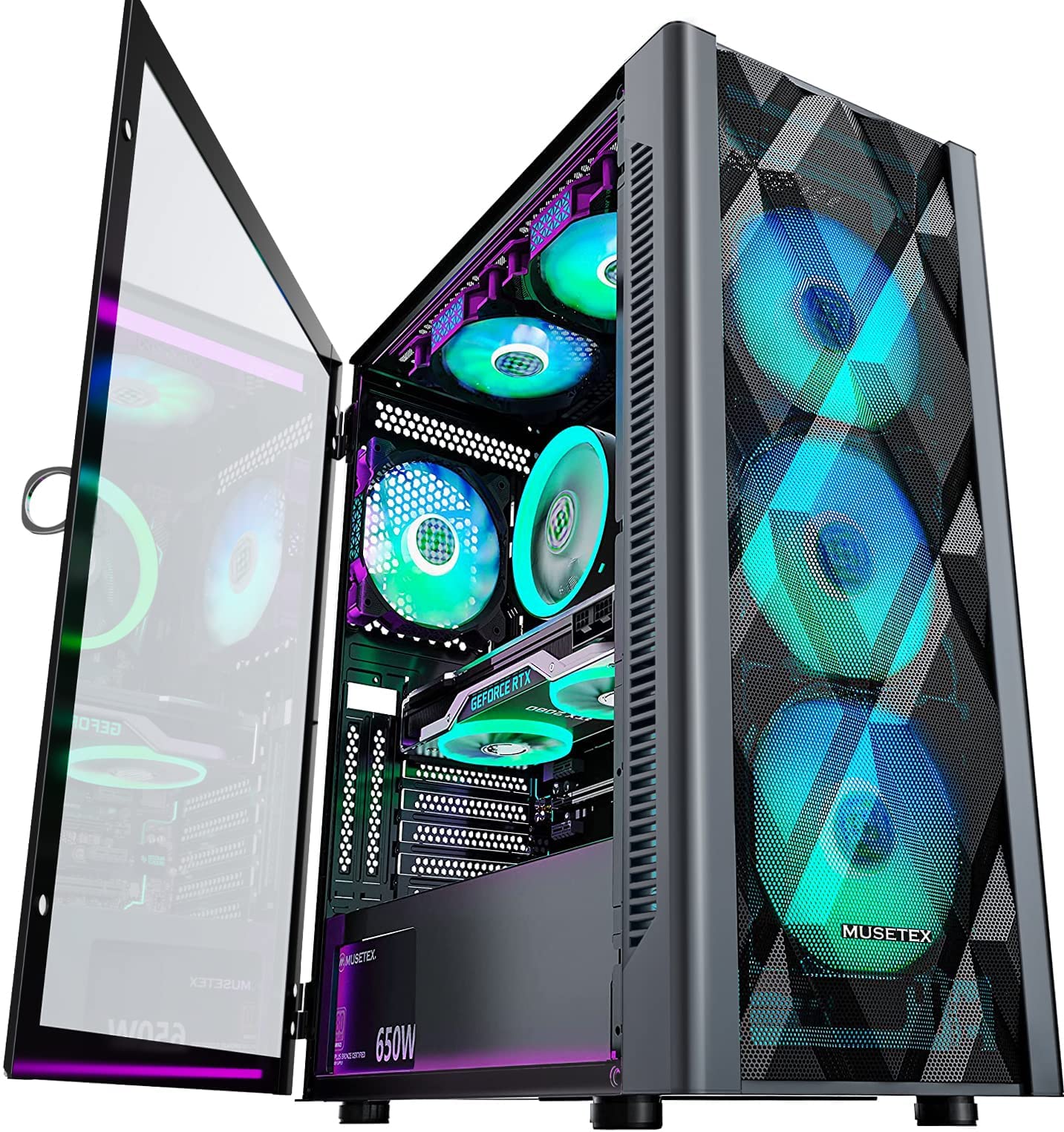 MUSETEX ATX PC Case Pre-Install 6 PWM ARGB Fans, Polygonal Mesh Computer Gaming 