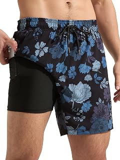 Arcweg Men's 2-in-1 Swim Trunks with Compression Lining, Quick Dry and Breathable, Elastic Swim Shorts for Beach, Swimming and Surfing