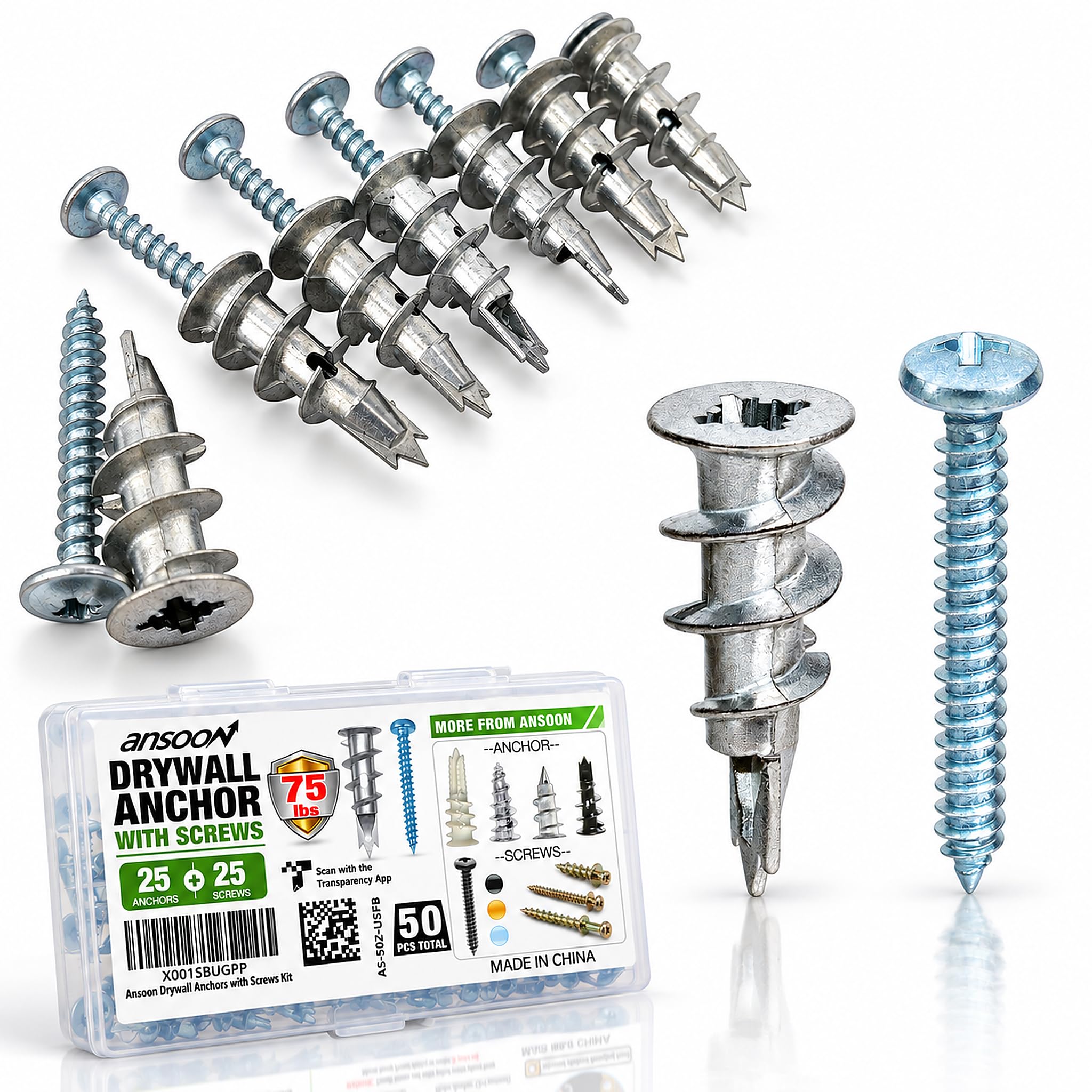Ansoon Metal Self Drilling Drywall Anchors Heavy Duty with Screws Kit-50Pcs | 25