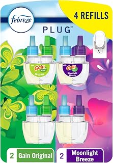 Febreze Plug In Air Freshener, Odor-Fighting Scented Oil Refill, Home and Bathroom and Kitchen, Long Lasting for Strong Odors, Gain Moonlight Breeze & Gain Original Scents, Refills, 4 Count